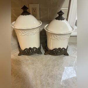 Elegant White Ceramic Canister Set and matching salt and pepper shakers.